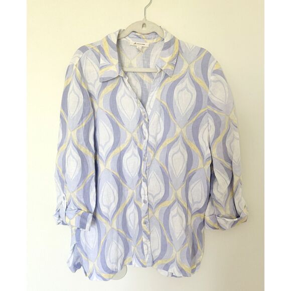 JM Collection Multicolor Linen Button 34 Sleeve Summer Comfy Artsy Shirt Top 14 - Picture 1 of 9